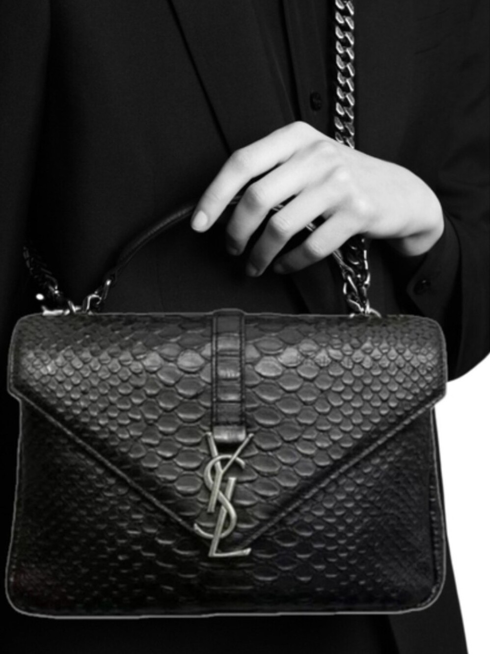 Like NEW! YSL Saint Laurent Calfskin Python Embossed Medium College Bag Black